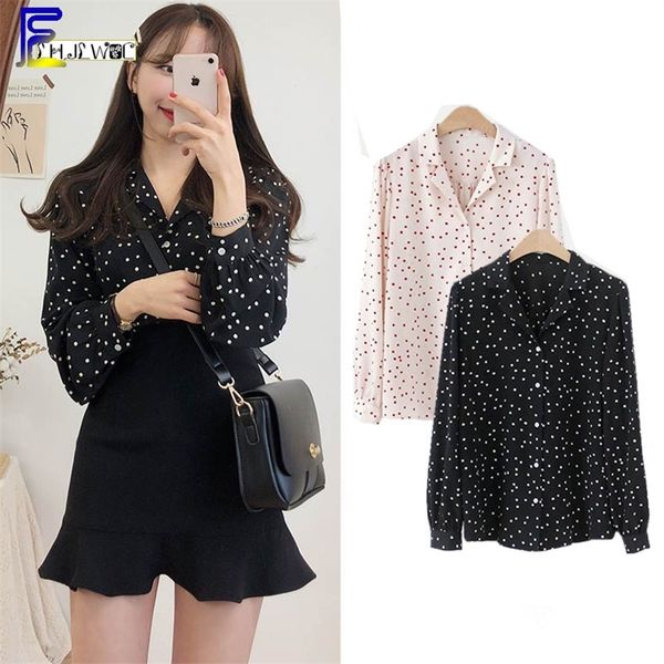 

plus size loose preppy style shirts blouse women cute sweet polka dot korean style design black button shirt blouse t200321, White