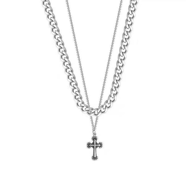 

pendant necklaces exquisite creative cross necklace hip hop style cuban chain double layered clavicle men's and women's jewelry gi, Silver