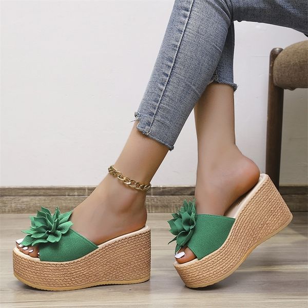 

9cm heels summer beach platform women wedge slippers appliques butterfly-knot female sandals clog shoes slides 220408, Black