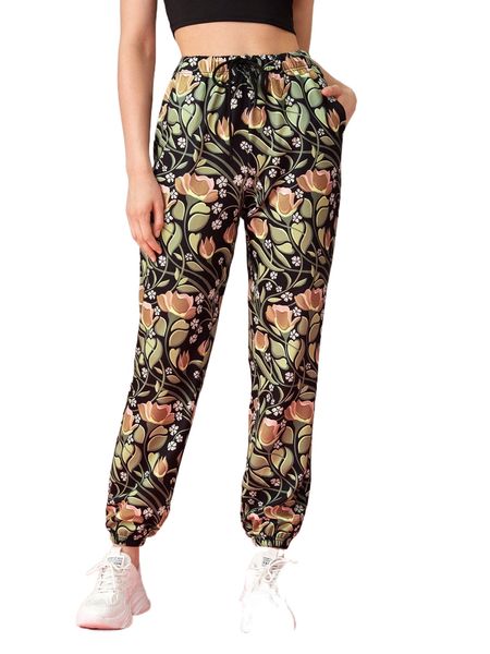 

x bellasyldesign floral print drawstring waist pants r38r#, Black;white