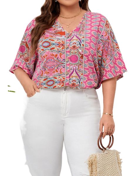 

plus all over print button front blouse z0vq#, Black