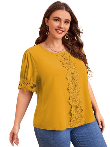 

plus guipure lace panel puff sleeve blouse 24dh#, Black