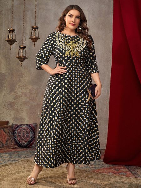 

plus gold polka dot floral embroidery dress k64l#, Black