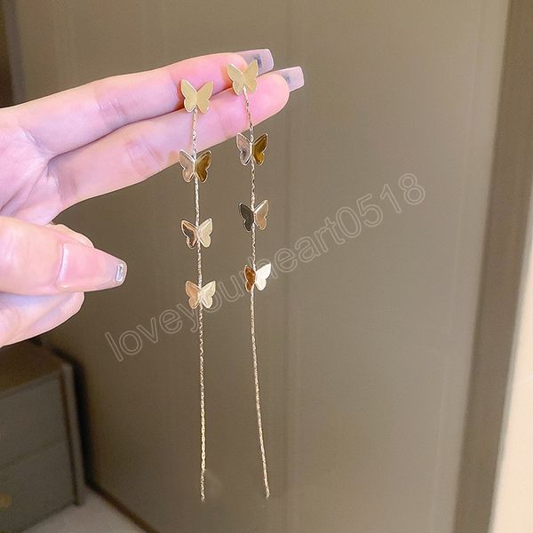 

all-match golden butterfly tassel long earrings for women korean fashion dangle earring daily birthday party jewelry gifts, Silver