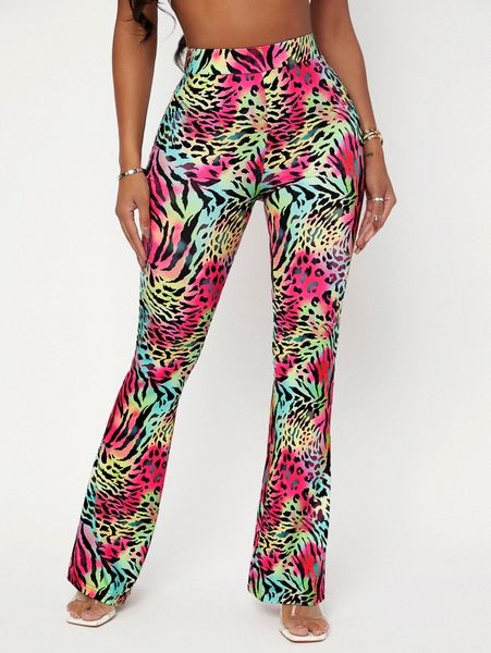 

sxy tiger skin print boot cut pants d8kt#, Black;white