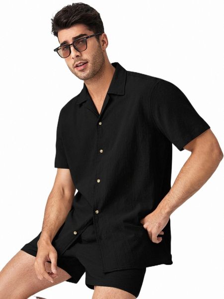 

men solid shirt and pocket front shorts set j9uc#, Gray