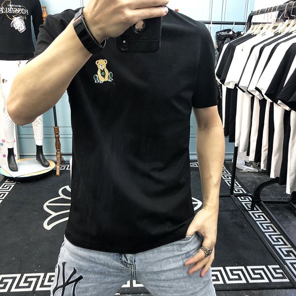 

fashion brand mercerized cotton men's t-shirts 2022 summer new cartoon bear logo embroidery design short sleeve round neck young bottom, White;black