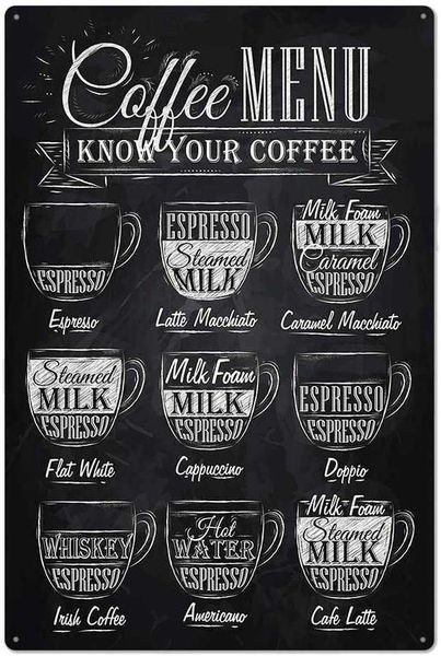 

black original retro design coffee menu tin metal wall art signs, cafe / kitchen / coffee corner thick tinplate wall decoration print poster