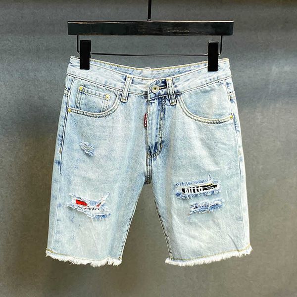 

luxury designer for men summer baofushen denim shorts men's fashion brand rotten pants with holes at the hem light color pants trend fi, Blue