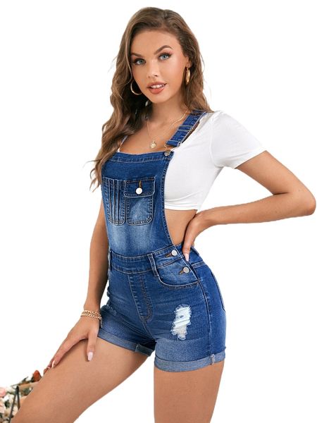 

bleach wash ripped frayed overall denim romper without z6rk#, Black;white