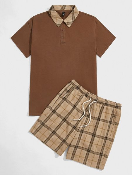 

men contrast plaid collar polo shirt & drawstring waist shorts h75f#, Gray