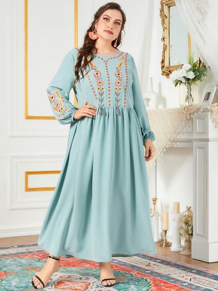 

plus floral embroidery tassel patched lantern sleeve dress v9df#, Black