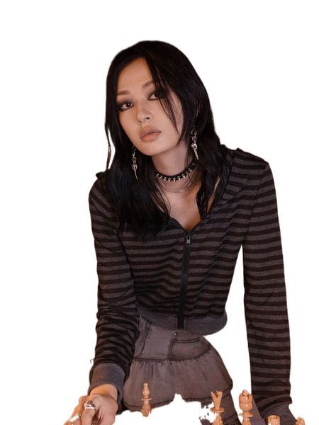 

romwe punk rock striped zip up crop hoodie 15c3#, Black