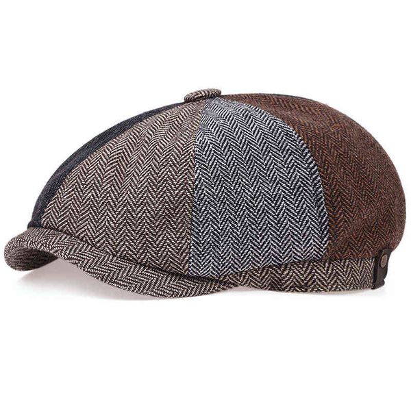 

new retro fishbone berets newspaper seller caps men fashion stitches flat cap autumn winter men woman vintage painter octagonal hats j220722, Blue;gray