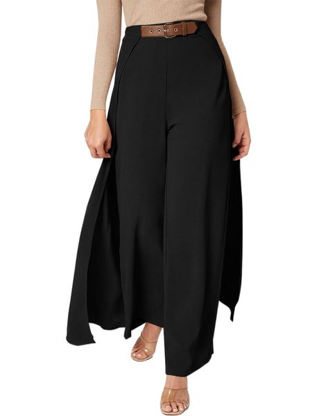 

wide leg belted pants with skirt x7ze#, Black;white
