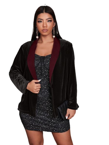 

plus shawl collar velvet blazer 419h#, Black