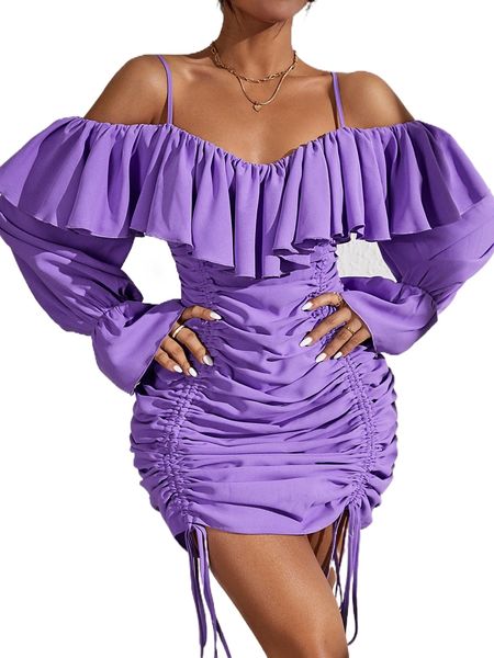 

c.old s.houlder r.uffle trim d.rawstring ruched d.ress p60n#, Black;gray