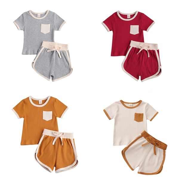 

baby summer clothing kids 2 piece ribed outfit set short sleeve pocket shorts for children boys girls 220705gx, White