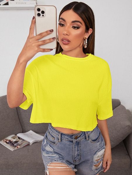 

neon yellow drop shoulder solid rib-knit crop tee z1kz#, White