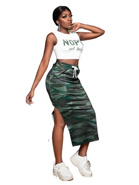 

sxy slogan graphic tank & camo print drawstring waist -slit hem skirt a8fa#, White