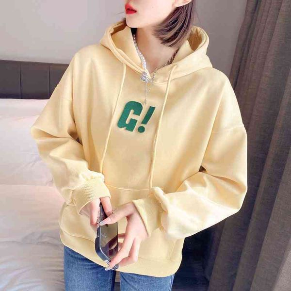 

spring new solid color cotton loose commuting tide toothbrush embroidered hooded women's sweater, Black