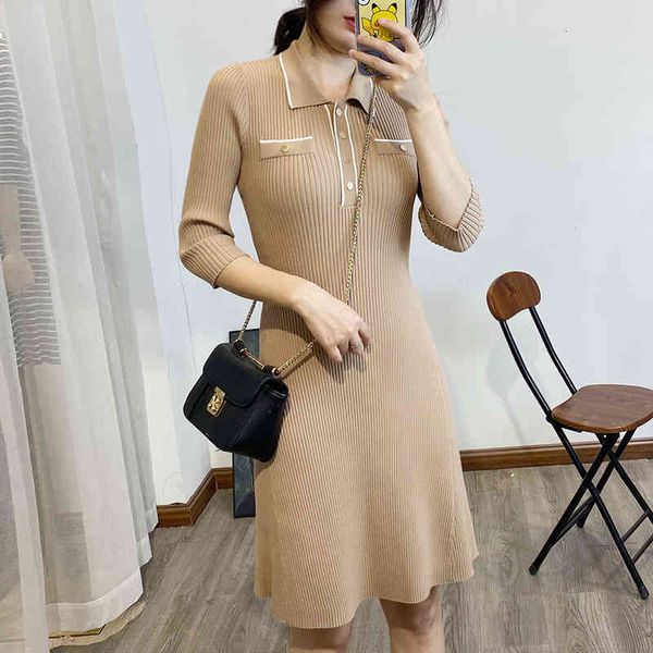 

casual dresses summer women's fashion lapel pullover head high waist slim fit medium sleeve solid color ice silk knitted dress, Black;gray