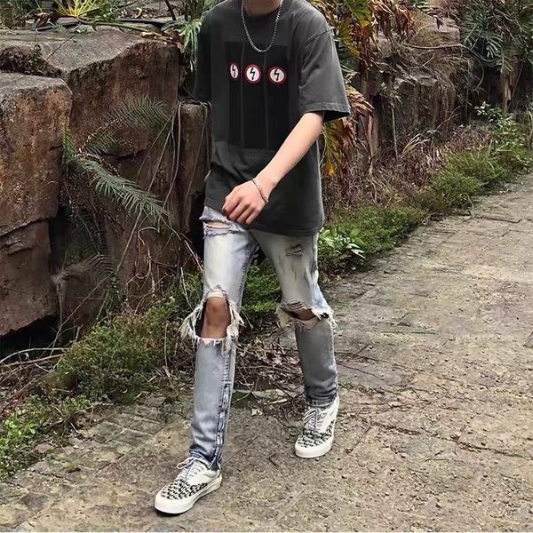 

men's t-shirts designer marilyn manson lightning ancient wash and polish old loose vintagetee short sleeves uqji, White;black