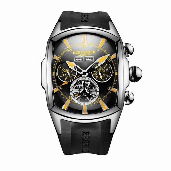 

wristwatches reef tiger/rt rubber strap rose gold sport watches men's tourbillon analog automatic mechanical watch complete calendar cl, Slivery;brown