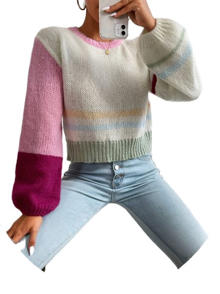 

color-block drop shoulder sweater 23mc#, White;black