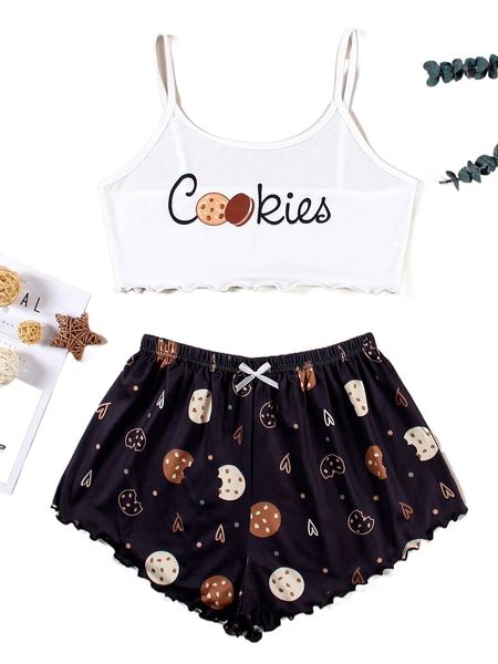 

cookies and letter graphic lettuce trim cami pajama set p6jm#, Black;red