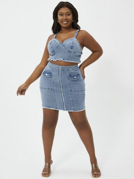 

plus raw hem denim cami and flap detail skirt set d0ug#, White