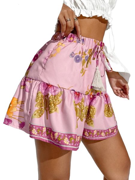 

floral print ruffle hem tassel knot front shorts c1eh#, White;black