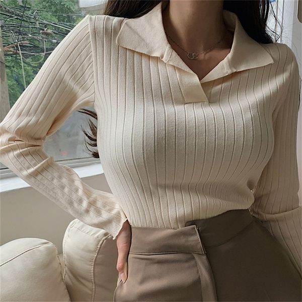 

korean style turn down collar women sweater female long sleeve casual pullover knitted sweaters fall clothes sueter feminino 220810, White;black