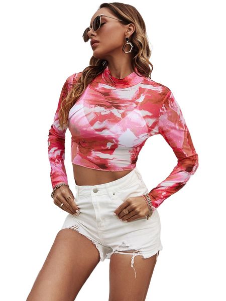 

marble print mock neck mesh without bra p2zh#, White