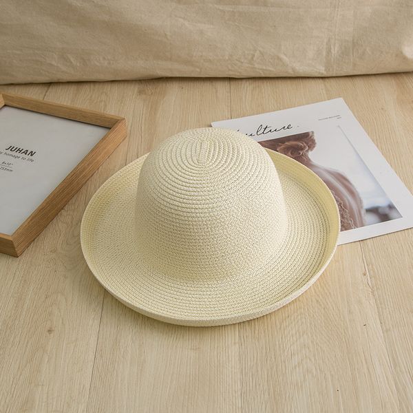 Cappello di paglia curva tinta unita Cappelli a tesa larga leggeri traspiranti Protezione solare femminile Cappellini parasole per l'estate