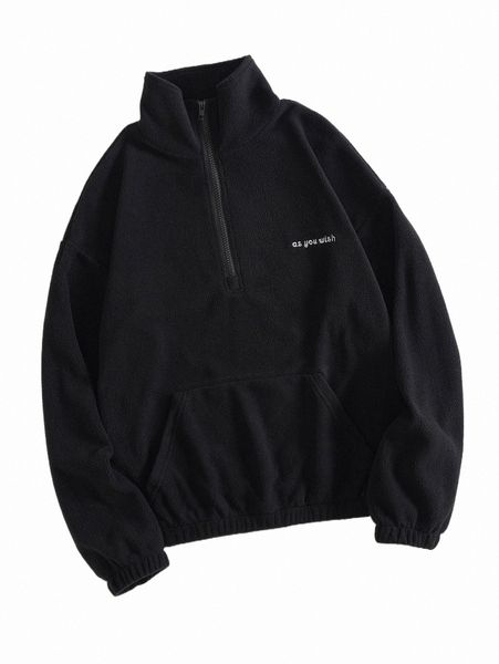 

slogan embroidery half zip fleece sweatshirt g0sz#, Black