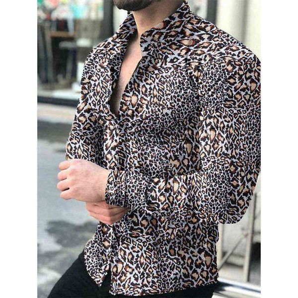 Новая мода Мужские рубашки поворотный воротник рубашка повседневное леопардовое принт с длинным рукавом топы блузки мужская одежда выпускной кардиган G220511