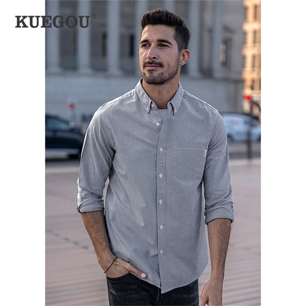 Kuegou 100% Algodão Outono Camisas Homem Oxford Moda Negócio Casual Qualidade Camisa Homens Manga Longa Vestuário Top Plus Tamanho 20524 220401