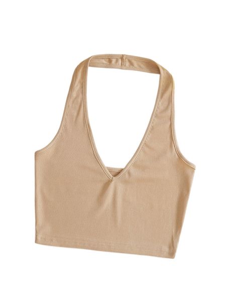 

solid rib knit crop halter t1i0#, White