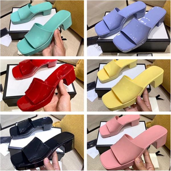 

2022 woman designer beach thick bottom slippers spring summer ladies pointed square toe sandals leather rubber fruit slides size 35-41, Black