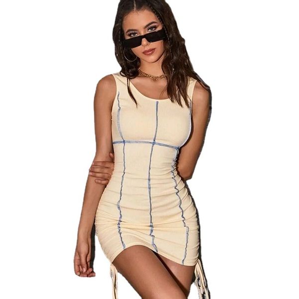 

casual dresses woman fashion simple design dress u-neck tight side pleated lace up hip wrap skirt, Black;gray