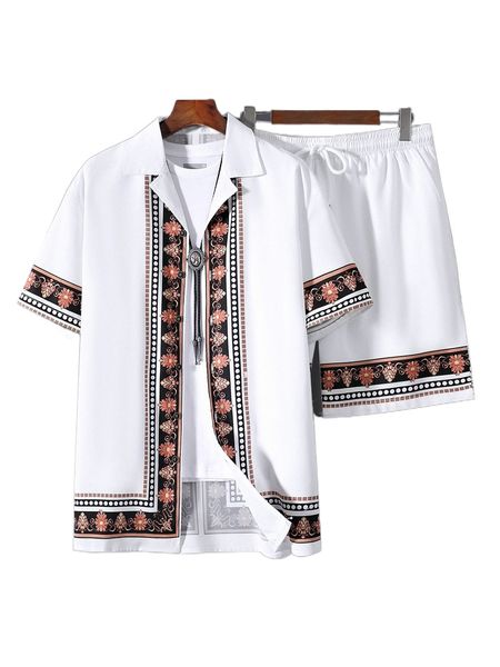 

men floral print shirt & drawstring waist shorts without tee 974c#, Gray