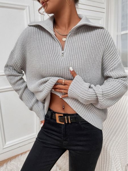 

ribbed knit half zipper drop shoulder sweater 28th#, White;black