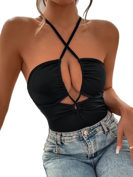 

crisscross cut out bodysuit a9ec#, White