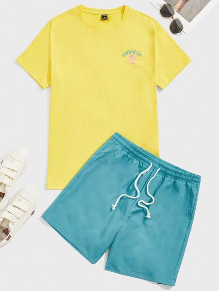 

men letter & tropical graphic tee & shorts set o10i#, Gray