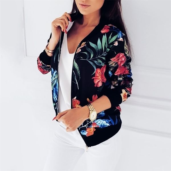 

womens jacket floral printed long sleeve o neck sweatshirt spring slim womens coats and jackets outwear zipper plus size y201012, Black;brown