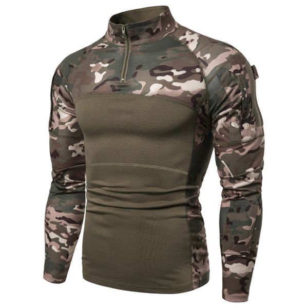 Camiseta masculina camuflagem tática camiseta de camiseta ao ar livre uniforme de combate de combate camping roupas de manga longa zíper Men Camo 230206