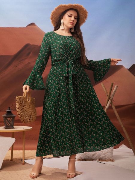 

plus floral print knot waist flounce sleeve dress z18a#, Black
