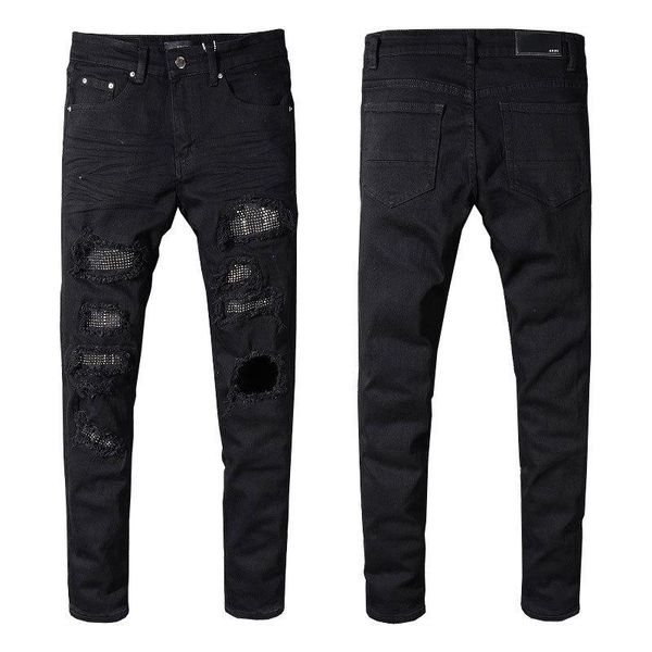 Erkek Kot Hip Hop Siyah Ince Sıska Kristal Rhinestone Patchwork Yırtık Moda Yama Streç Motosiklet Denim Pantolon