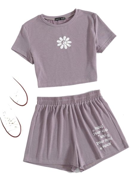 

floral print tee with slogan graphic track shorts k6w9#, White